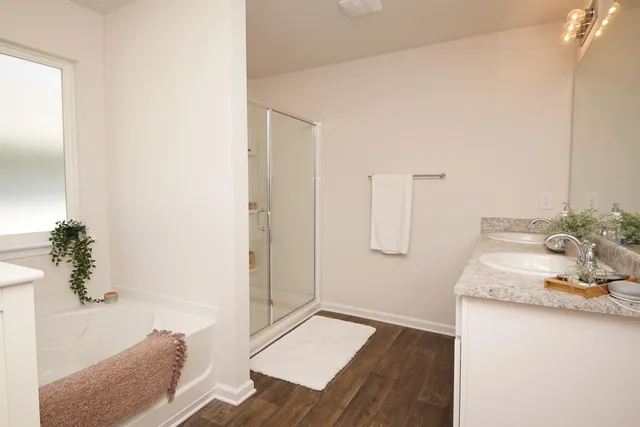 a bathroom with a bathtub and shower