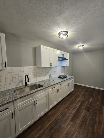 a large kitchen with a sink and cabinets