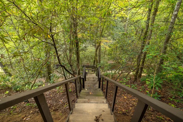 a backyard of a house with lots of green space and lake view