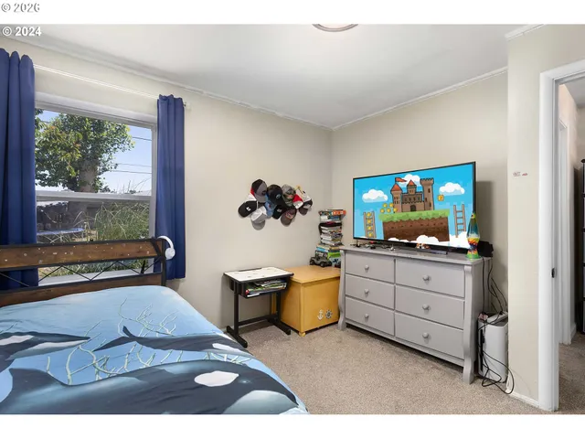 a bedroom with a bed and a bookshelf