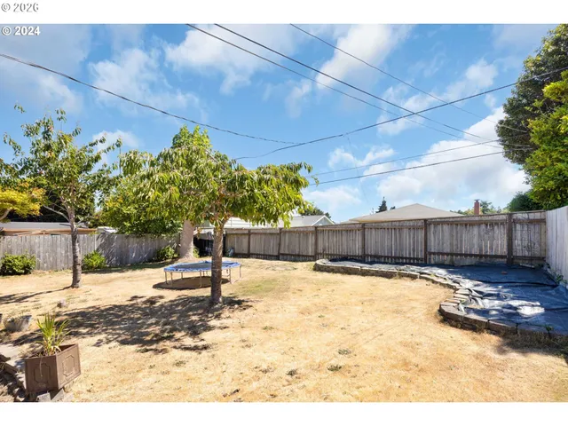 a view of a yard in front of a house with a large tree