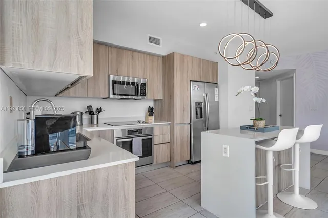 a kitchen with cabinets and stainless steel appliances