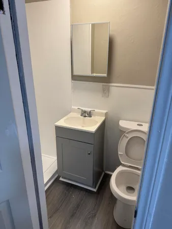 a bathroom with a toilet sink and mirror