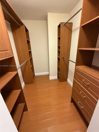 a view of walk in closet with clothes and shoes
