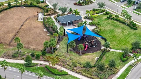 an aerial view of a yard