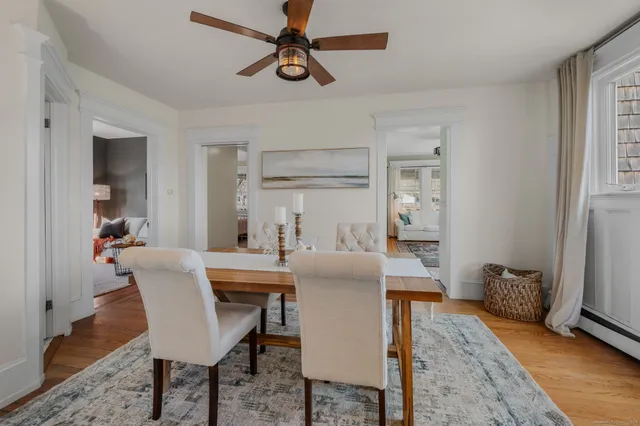 a view of a dining room with furniture