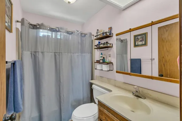 a bathroom with a sink toilet and shower