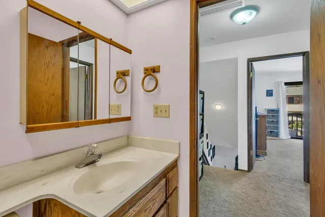 a bathroom with a sink vanity and a mirror