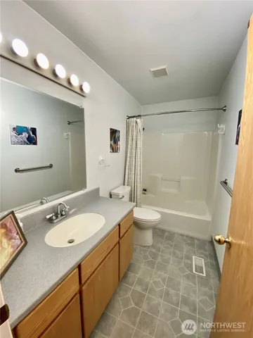 a bathroom with a sink a toilet a mirror and a bathtub