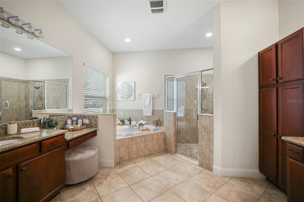 27211 Hawks Nest Circle Wesley Chapel, FL 33544 - Photo 26 of 58 a bathroom with double vanity sinks a shower a mirror and a bathtub