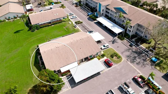 an aerial view of a swimming pool