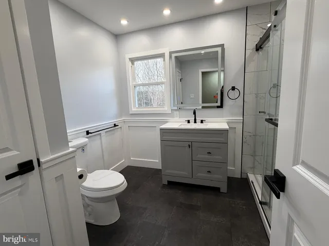 a bathroom with a sink toilet and mirror