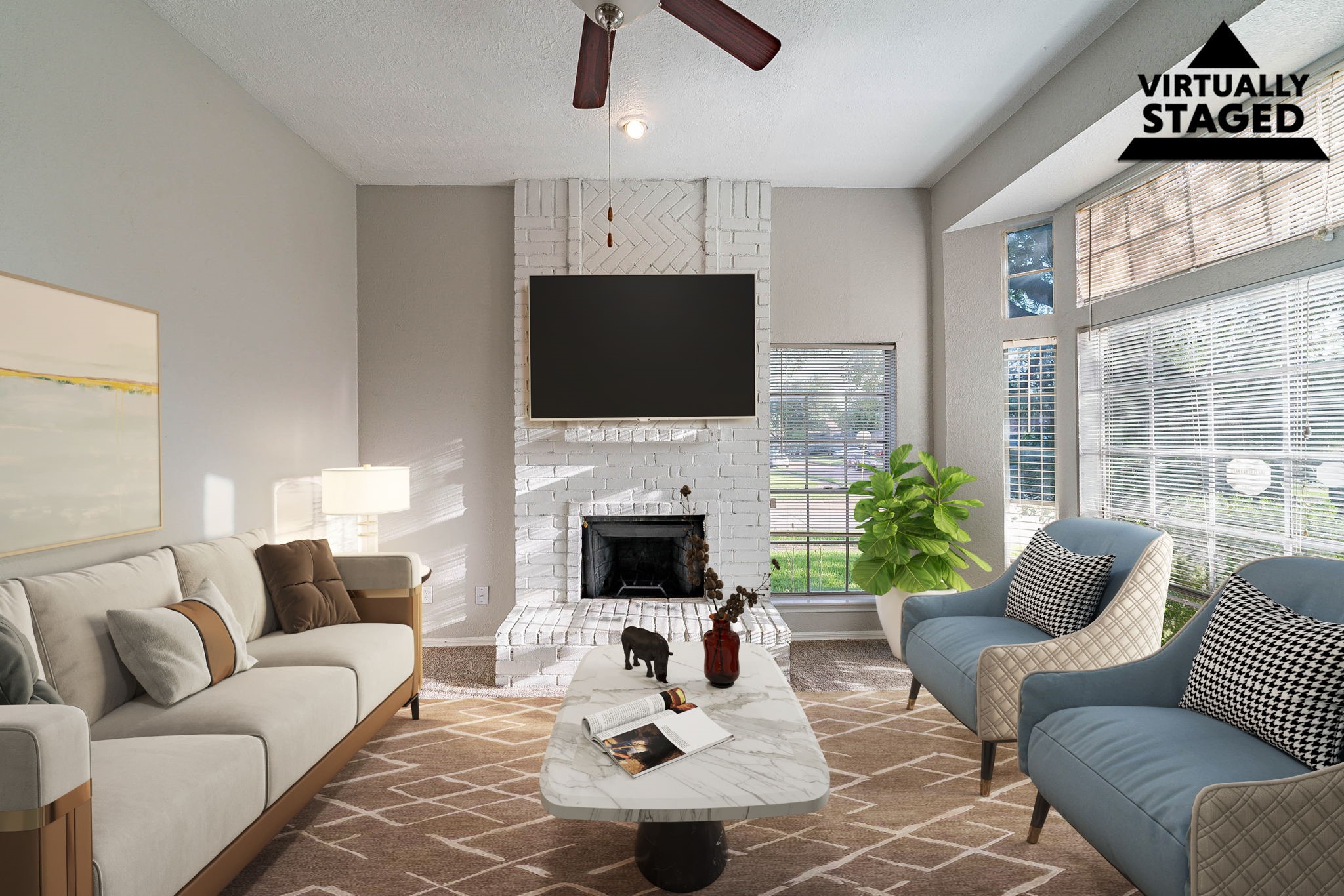 1502 Stevenage Lane Channelview, TX 77530 - Photo 2 of 33 a living room with furniture a fireplace and a flat screen tv
