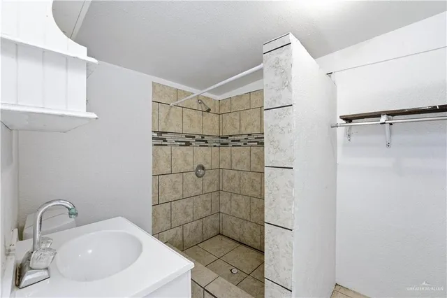 a bathroom with a shower and sink