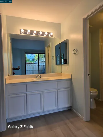a bathroom with a sink a large mirror and a toilet