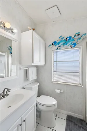 a bathroom with a sink mirror vanity and toilet
