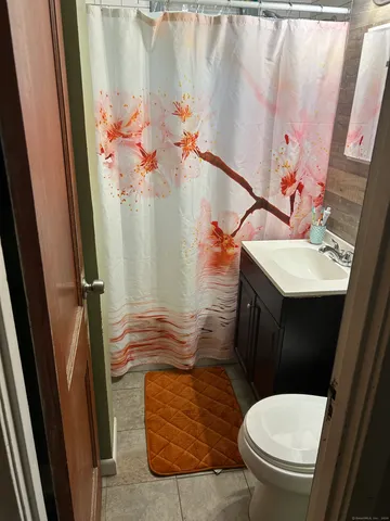 a bathroom with a sink a toilet and shower curtain