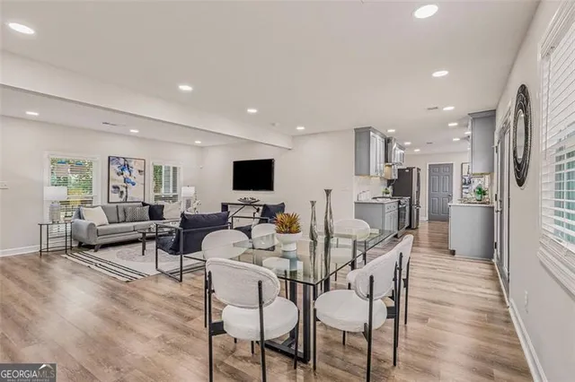 a view of a dining room with furniture