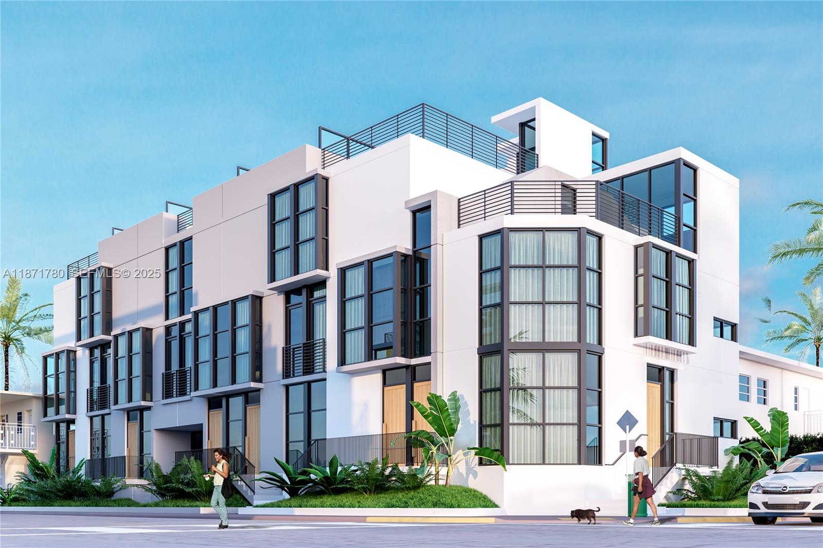 a front view of a multi story building