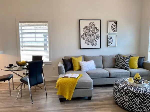 a living room with furniture a couch and two windows