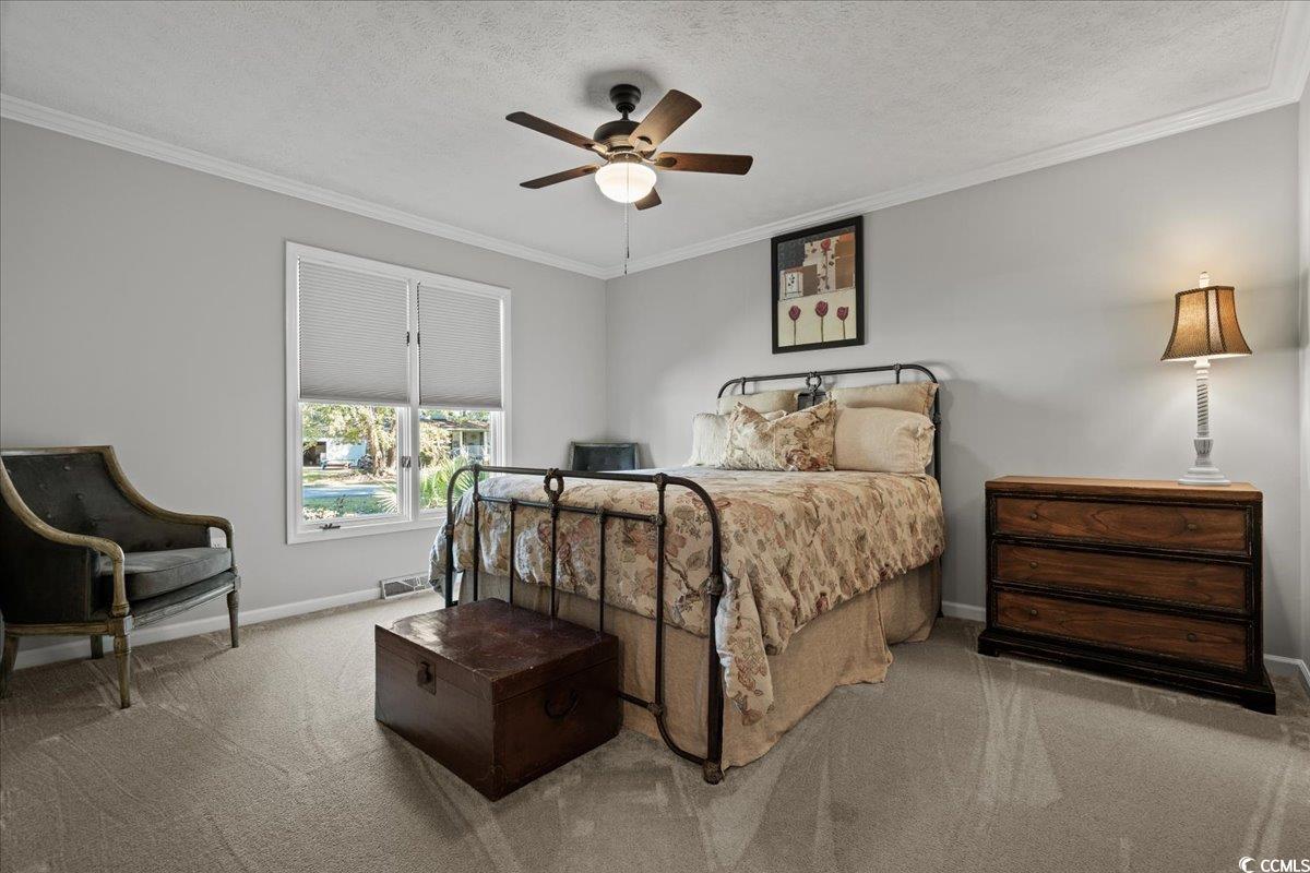 117 John Waites Court Georgetown, SC 29440 - Photo 25 of 40 Carpeted bedroom with crown molding, a textured ceiling, and ceiling fan
