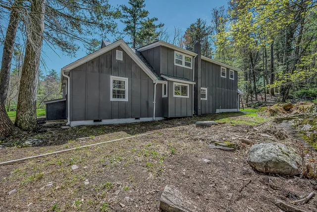 a view of a park with large trees