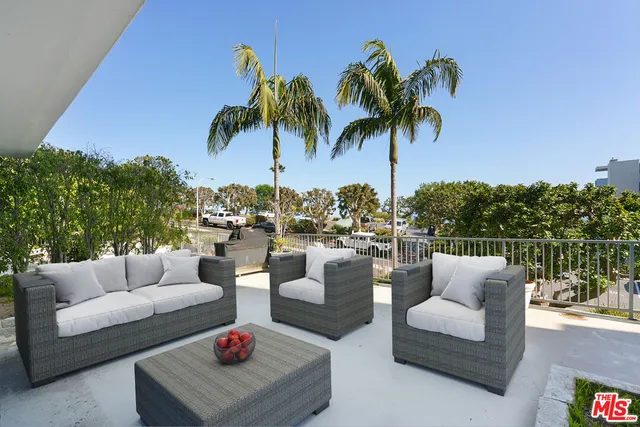 a view of a patio with couches and a potted plant on a table and chairs