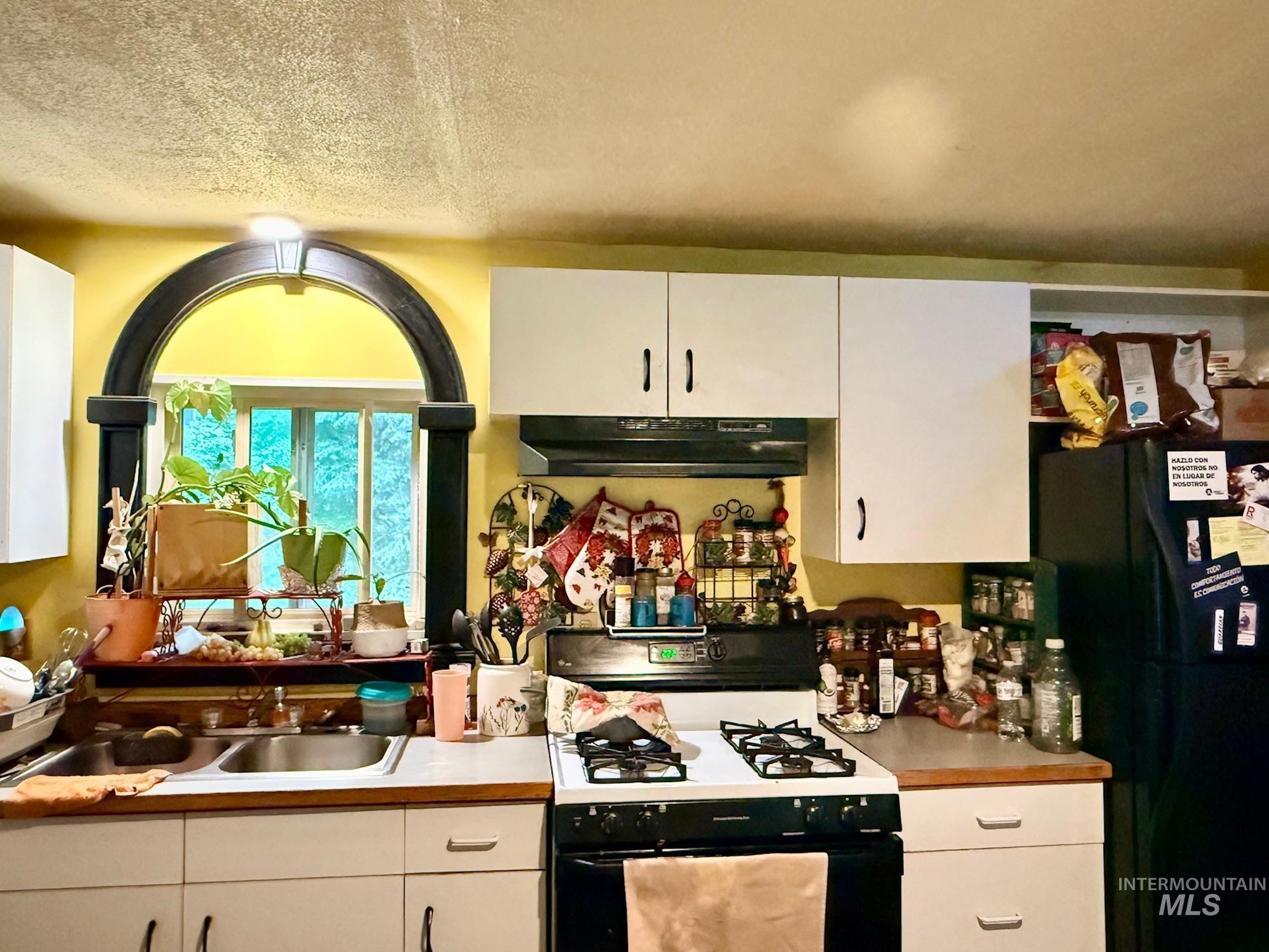 5742 Grangemont Road Orofino, ID 83544 - Photo 8 of 25 Kitchen featuring an arched window frame, dual basin sink, white cabinetry, a built-in range, and a black refrigerator