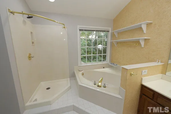 a bathroom with a bathtub and a shower