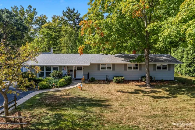 a backyard of a house with yard and tree