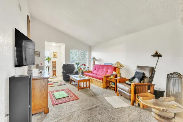 a living room with furniture a flat screen tv and a fireplace