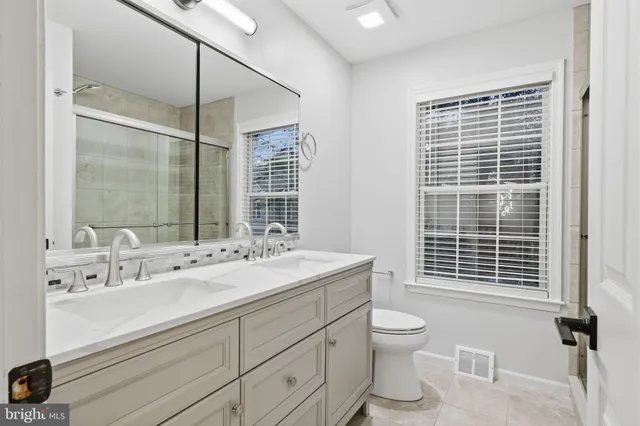 a bathroom with a sink a toilet and a large mirror