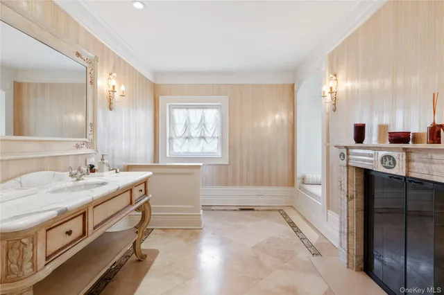 a bathroom with a sink double vanity granite tub and shower