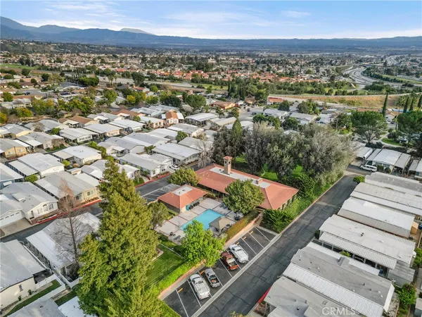 a view of a park with large trees