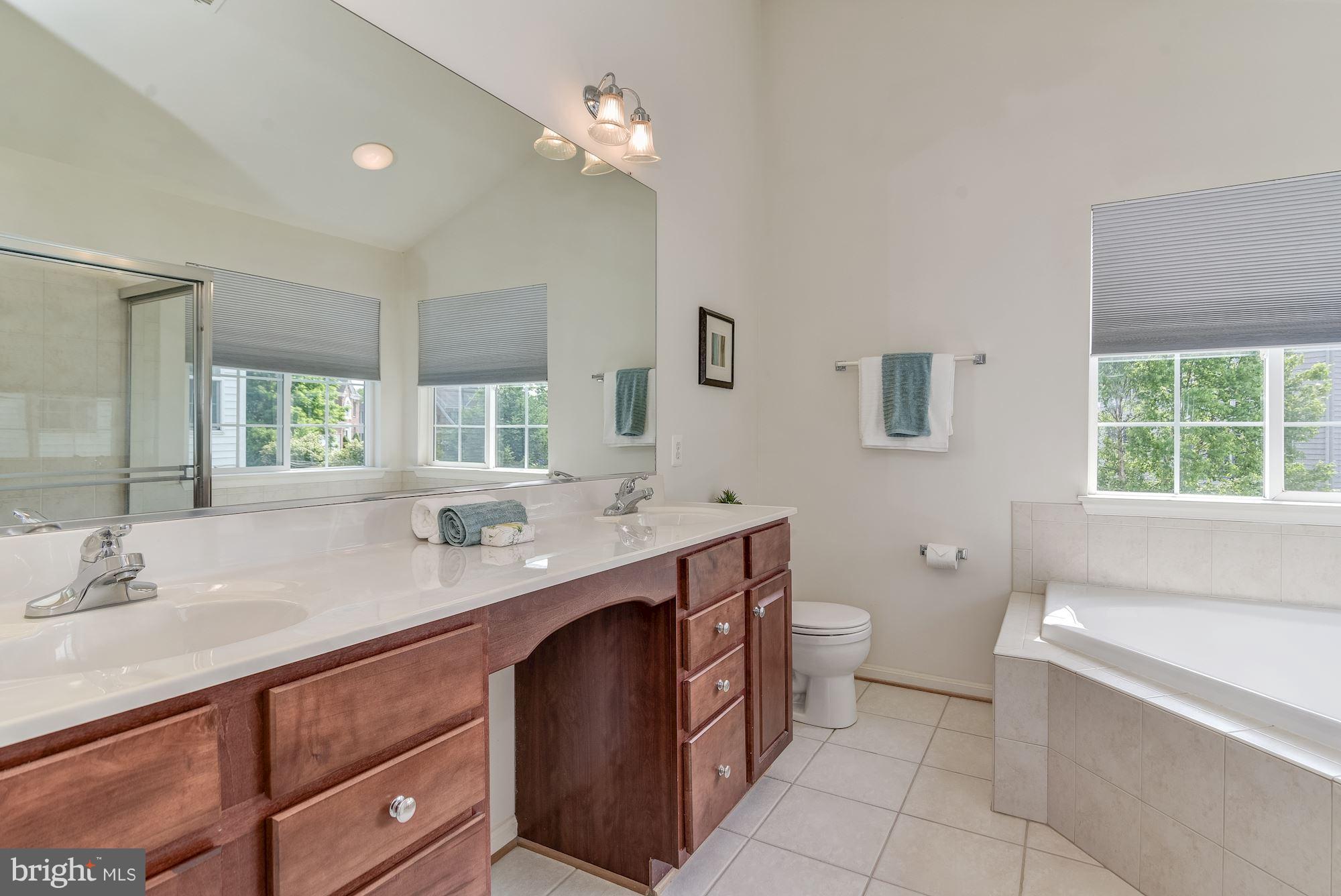 14629 Bubbling Spring Road Boyds, MD 20841 - Photo 21 of 30 a spacious bathroom with a granite countertop toilet a sink a mirror a bathtub and window