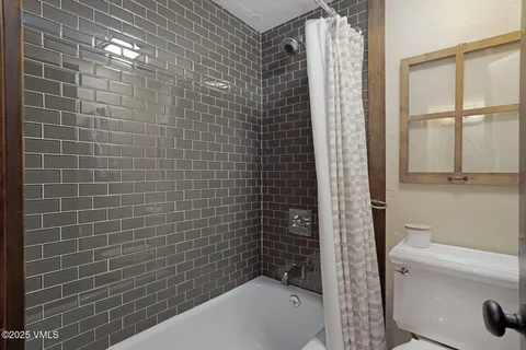 a bathroom with a shower and a toilet