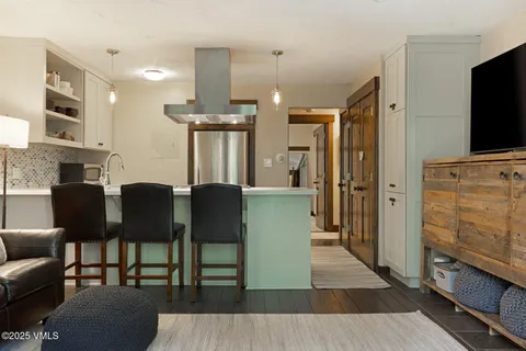 a view of a dining room with furniture