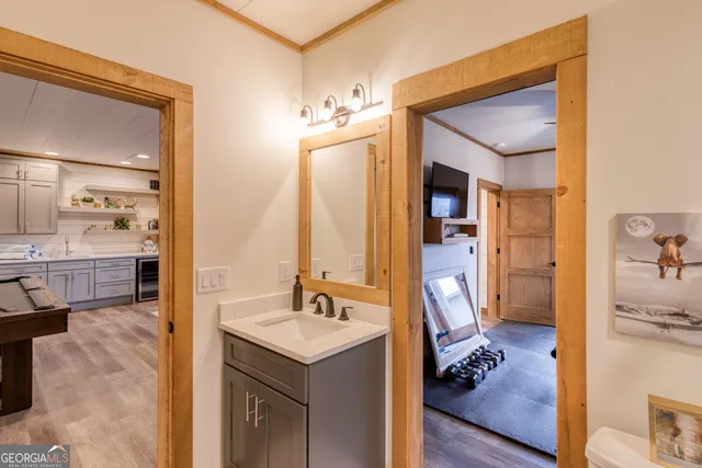 a view of a balcony with wooden floor