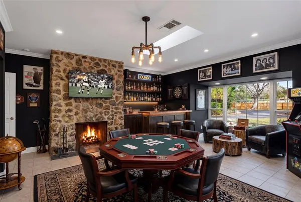 a view of a lake in between two of trees