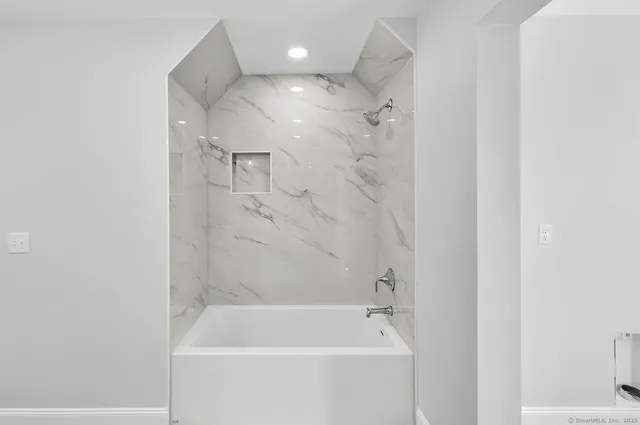 a bathroom with a bathtub and a shower