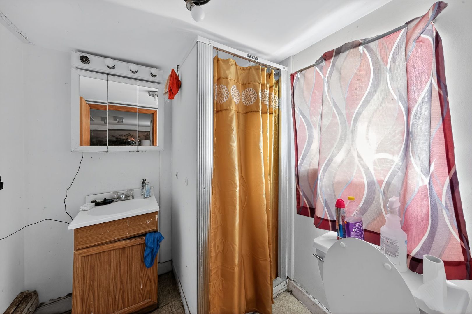 6541 South Carpenter Street Chicago, IL 60621 - Photo 25 of 27 a bathroom with a sink a mirror and a shower curtain
