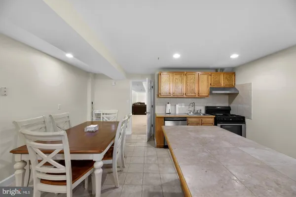 a view of a dining room with furniture