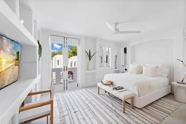 a bedroom with a bed and a flat tv screen on dresser