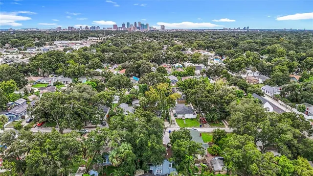 an aerial view of residential houses with outdoor space and trees