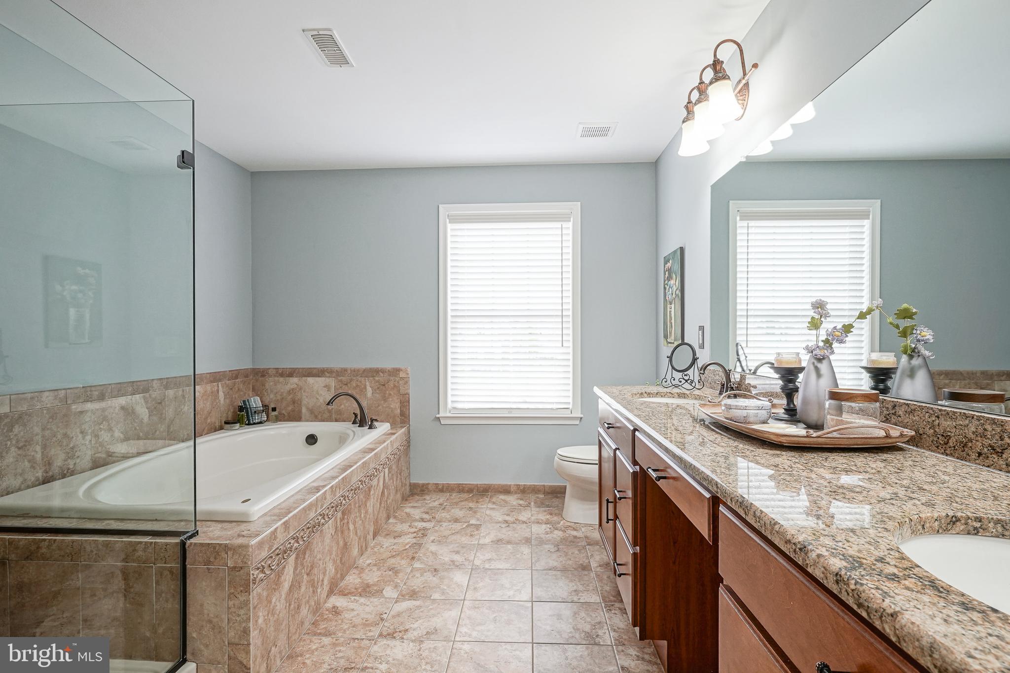 804 Chelsea Glenn Road Clarksboro, NJ 08020 - Photo 29 of 58 a bathroom with a granite countertop sink a bathtub a mirror and vanity