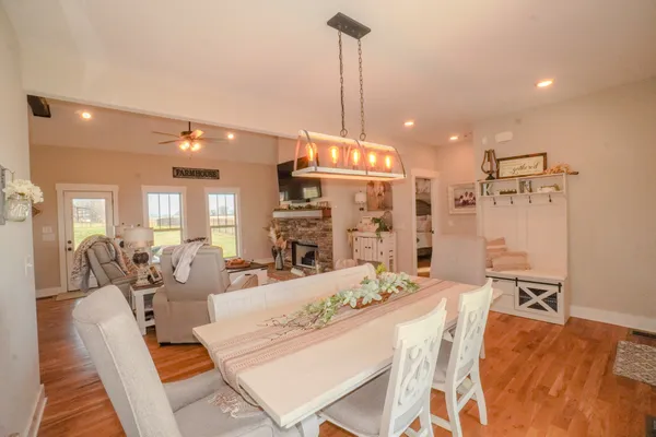 a view of a dining room with furniture