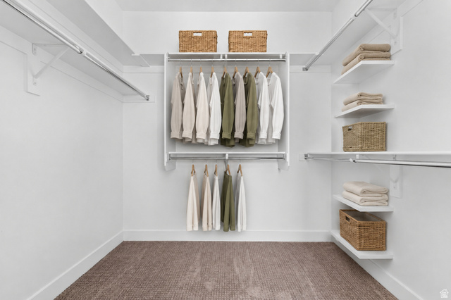 2362 1400 West, Unit 14 Perry, UT 84302 - Photo 9 of 22 White custom closet system featuring multiple hanging rods, integrated shelving, and a neutral-toned carpet