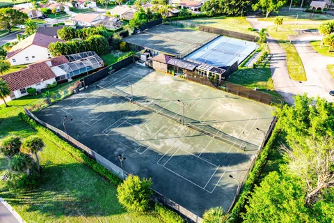 an aerial view of a backyard