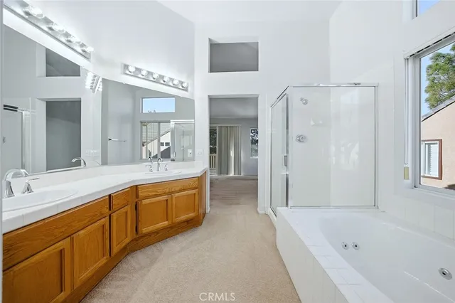 a bathroom with a bathtub and a shower
