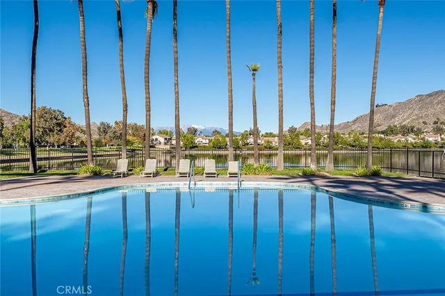 a view of a park with large trees